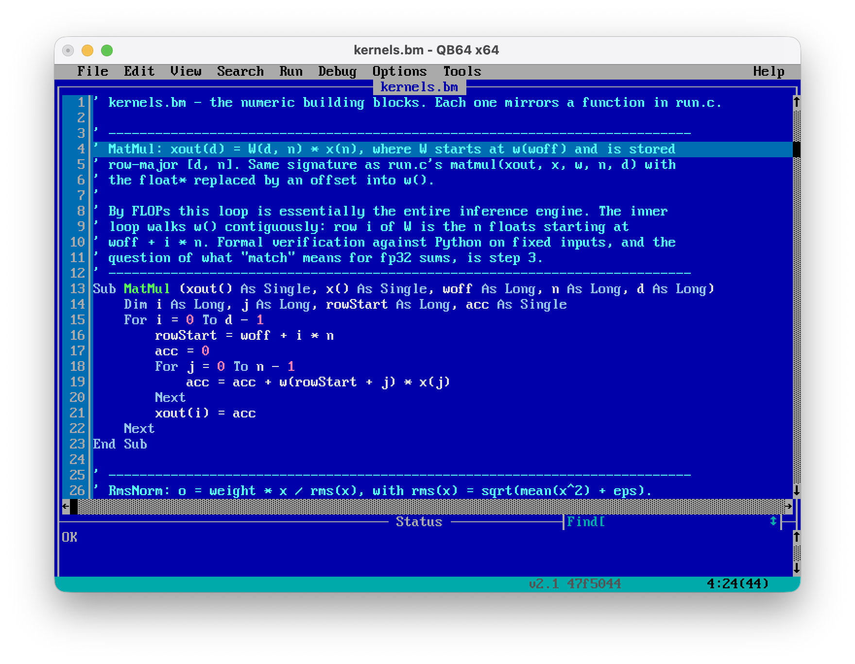 The QB64 editor showing kernels.bm with the MatMul subroutine: two nested FOR loops over a flat weight array