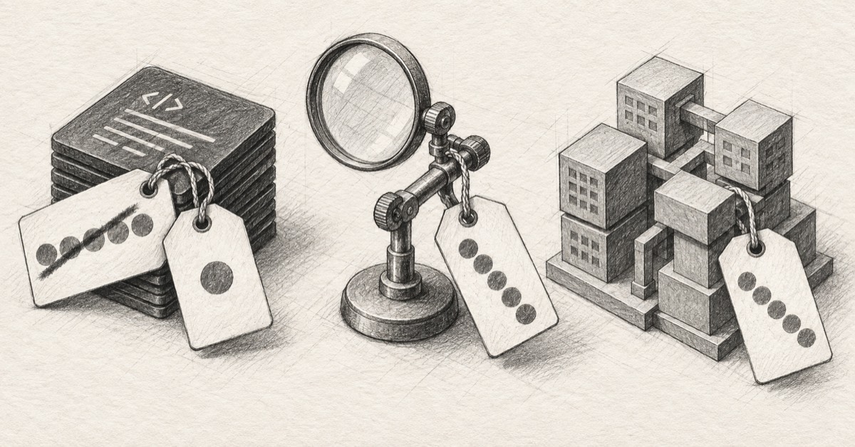 Pencil drawing of a stack of code, a magnifying glass and a block of buildings, each carrying price tags with the dots crossed out and re-marked