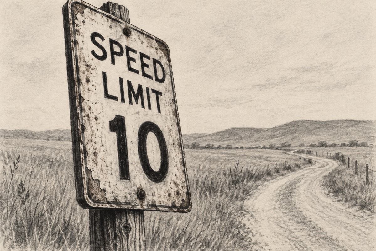 A weathered SPEED LIMIT 10 sign beside a winding dirt road, pencil drawing